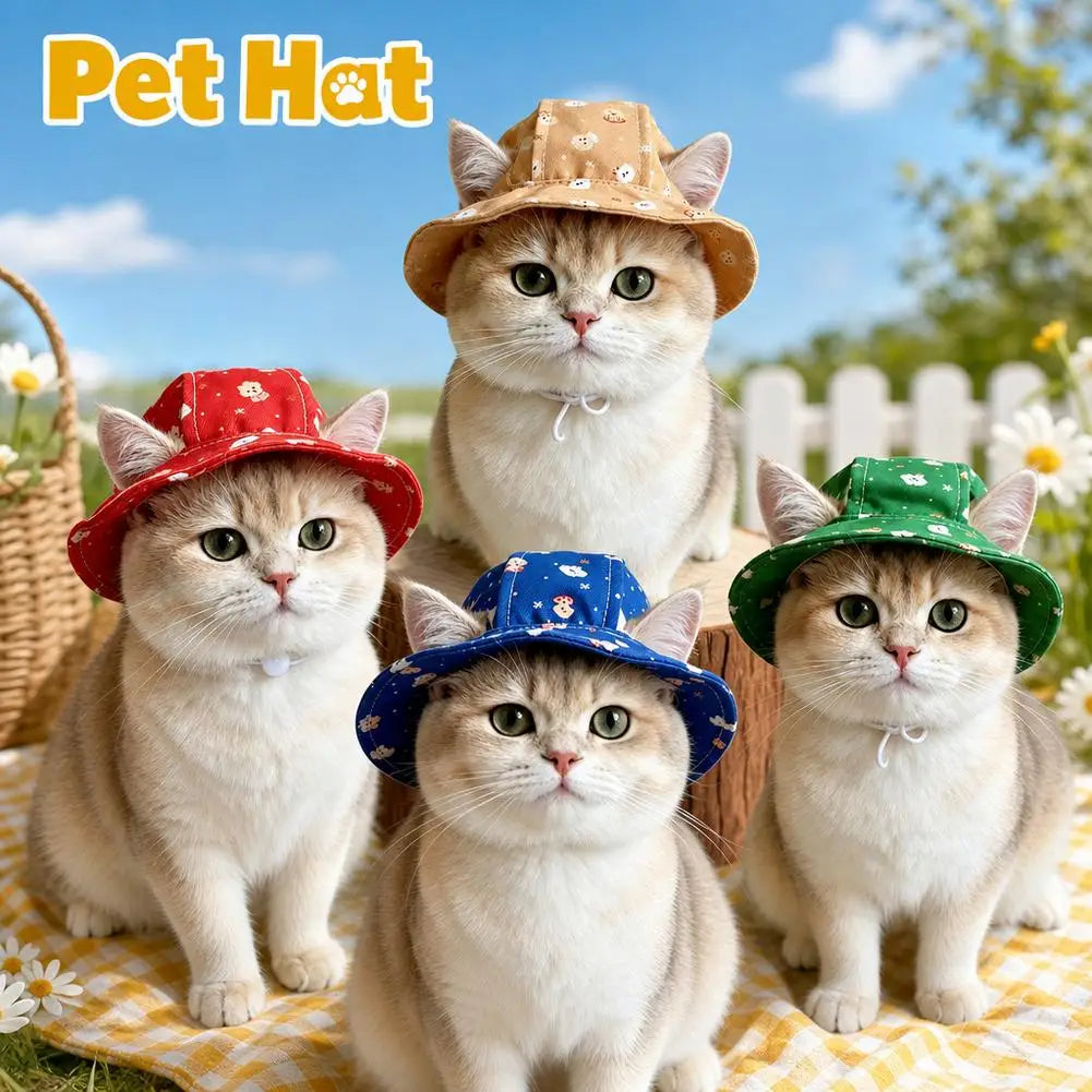 Cute Cartoon Print Pet Sun Hat Outdoor UV Protection Bucket Hat For Small Cats Puppy Dogs Adjustable Drawstring Hat Pet Supplies