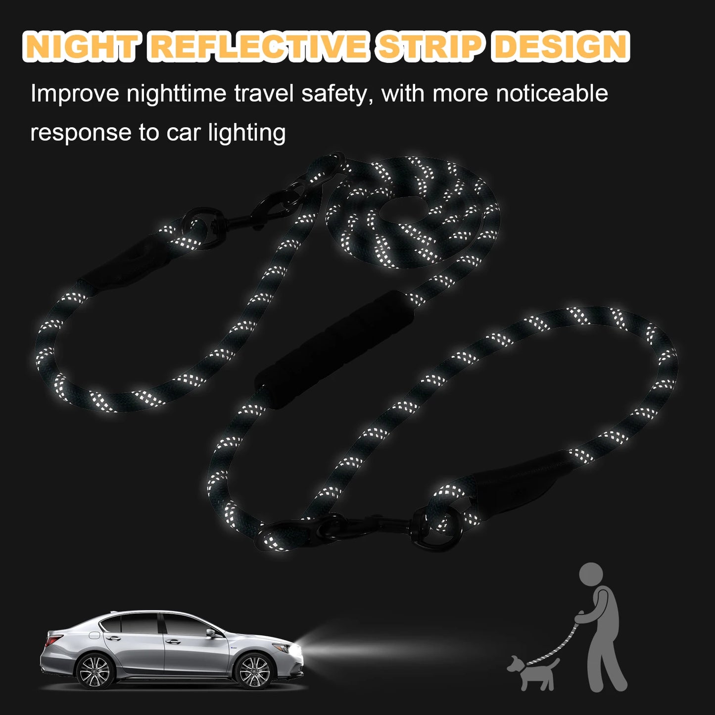 Versatile Heavy Duty Dog Leash with Padded Handle, Easy Converted to Double Leashes, 7.5 FT, Hands Free, Cross-Body or Waist Lea