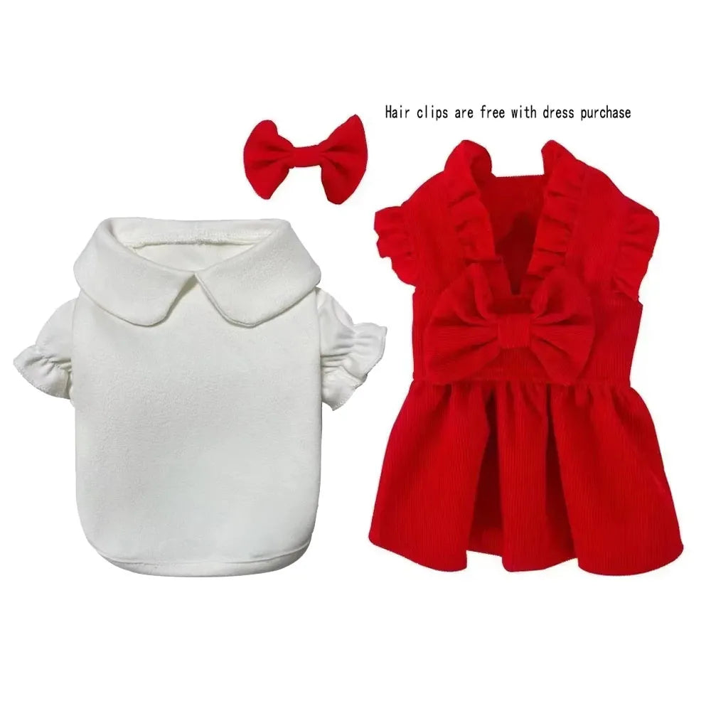 Red Bowknot Dog Puppy Dress For Small Medium Big Dogs Cats Skirt Outfit Hair Clip Set Winter Christmas Dogs Clothes Pet Apparel