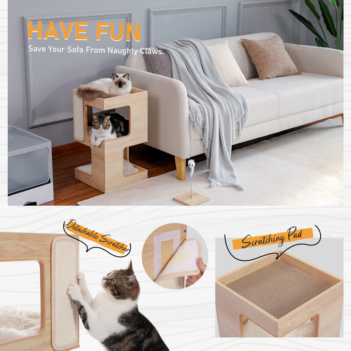 Wood Cat Condo House Bed with Removable Soft Mats Modern Cat Tree Tower with Scratching Pad Cat Scratcher Furniture Kitten Toys
