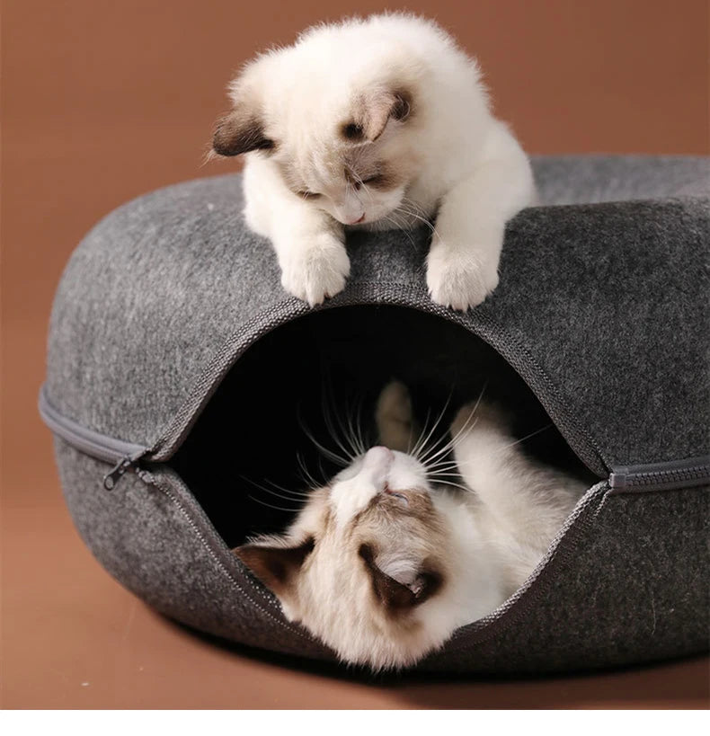 Donut Cat Tunnel Bed Pets House Natural Felt Pet Cat Cave Interactive Toys Round Wool Felt Pet Bed Cat Training Toy Cat House