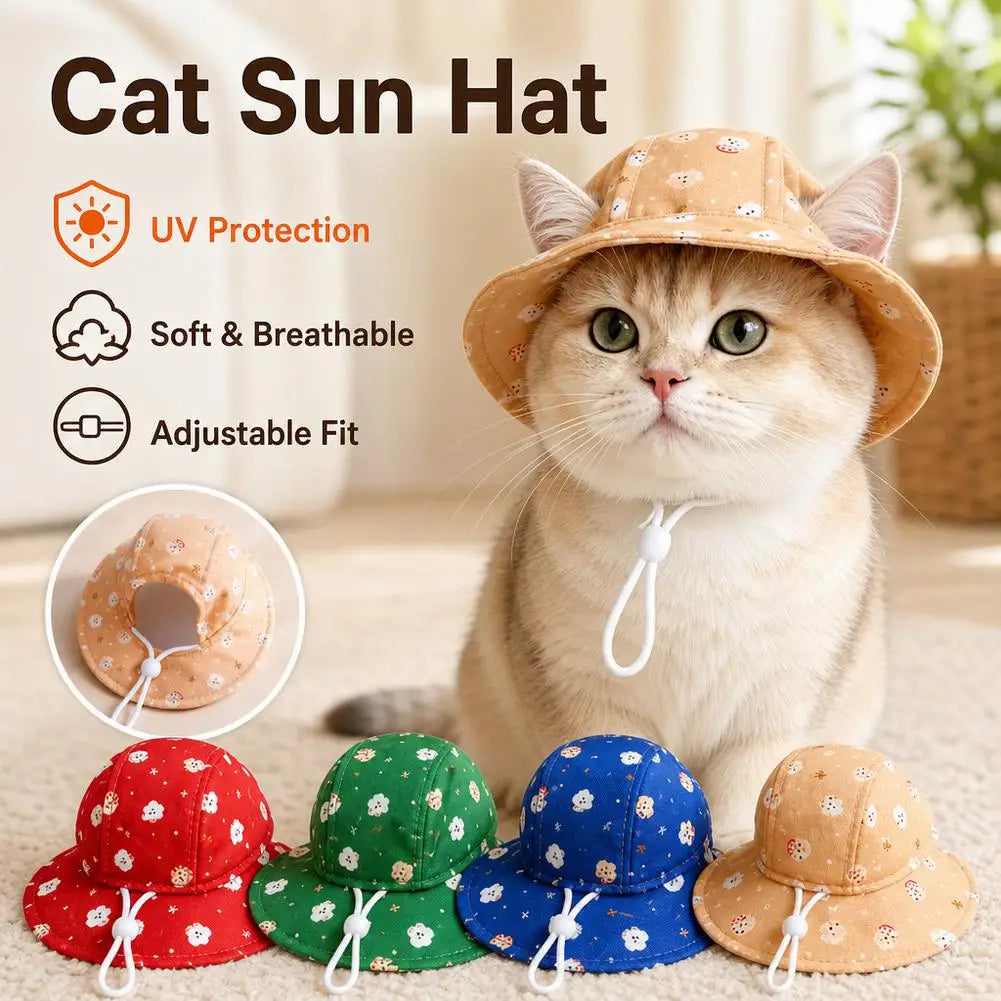 Cute Cartoon Print Pet Sun Hat Outdoor UV Protection Bucket Hat For Small Cats Puppy Dogs Adjustable Drawstring Hat Pet Supplies