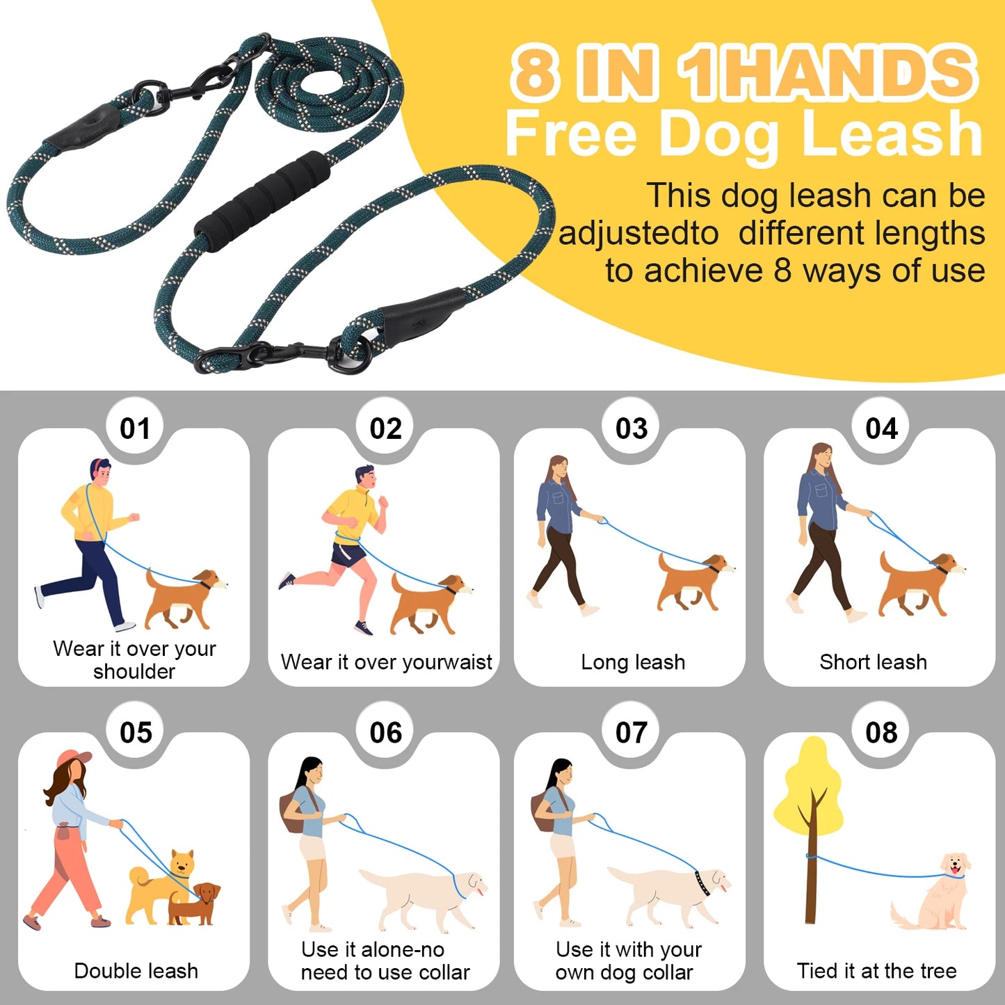 Versatile Heavy Duty Dog Leash with Padded Handle, Easy Converted to Double Leashes, 7.5 FT, Hands Free, Cross-Body or Waist Lea