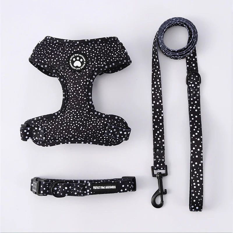 Adjustable Dog Harness And Leash Set Soft Chest Vest With Press Buckle Cute Print Comfortable Pet Harness Collar Lead For Dogs