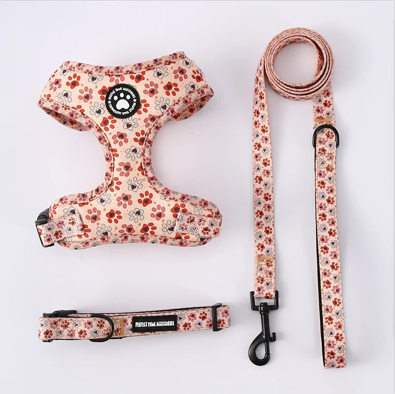 Adjustable Dog Harness And Leash Set Soft Chest Vest With Press Buckle Cute Print Comfortable Pet Harness Collar Lead For Dogs