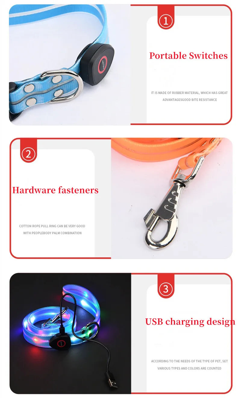 Pet light-up collar leash LED flashing collar USB charging dog walking pulling belt adjustable dog collar fashion pet supplies