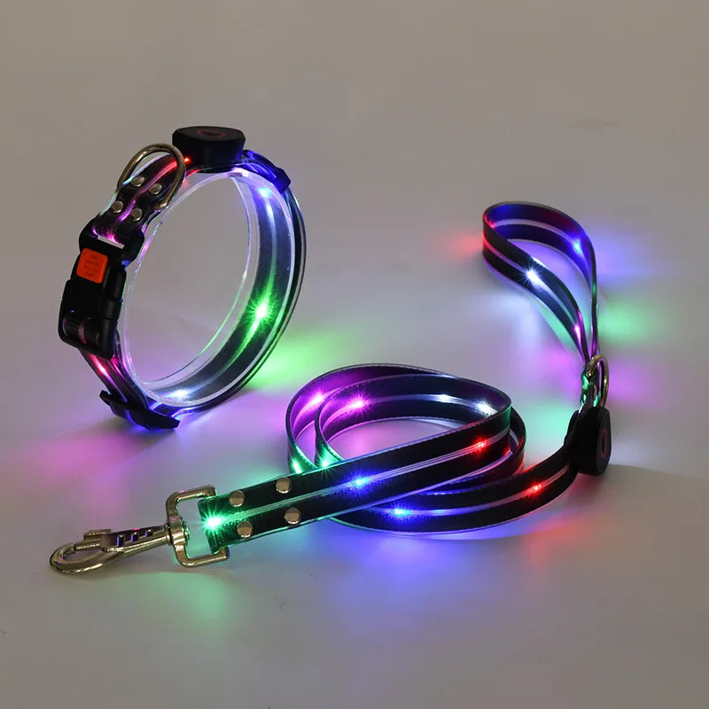Pet light-up collar leash LED flashing collar USB charging dog walking pulling belt adjustable dog collar fashion pet supplies