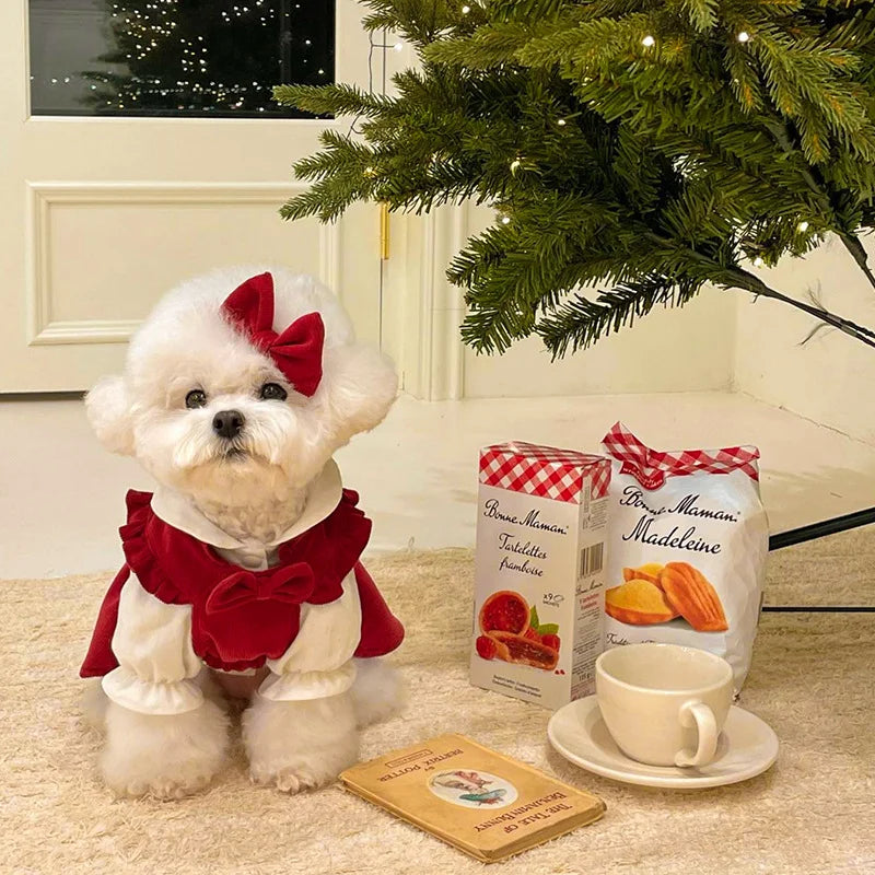 Red Bowknot Dog Puppy Dress For Small Medium Big Dogs Cats Skirt Outfit Hair Clip Set Winter Christmas Dogs Clothes Pet Apparel