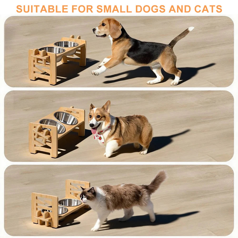 Elevated Puppy Bowls Food Mat Raised Dishes Food and Water Feeder 15° Tilted Stand 2 Stainless Steel Bowls for Small Dogs Cats