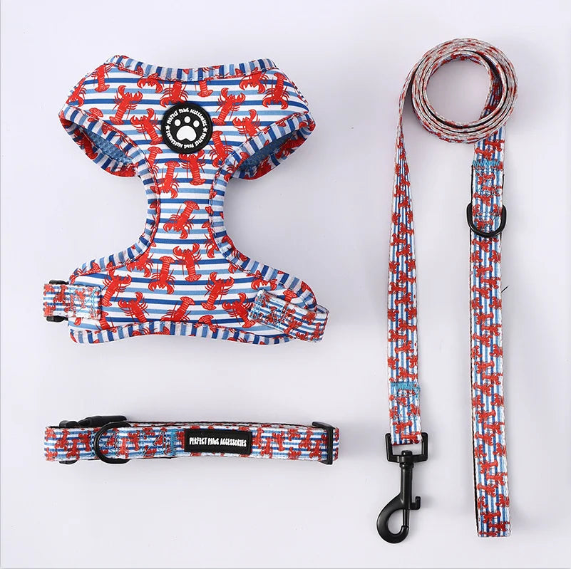 Adjustable Dog Harness And Leash Set Soft Chest Vest With Press Buckle Cute Print Comfortable Pet Harness Collar Lead For Dogs