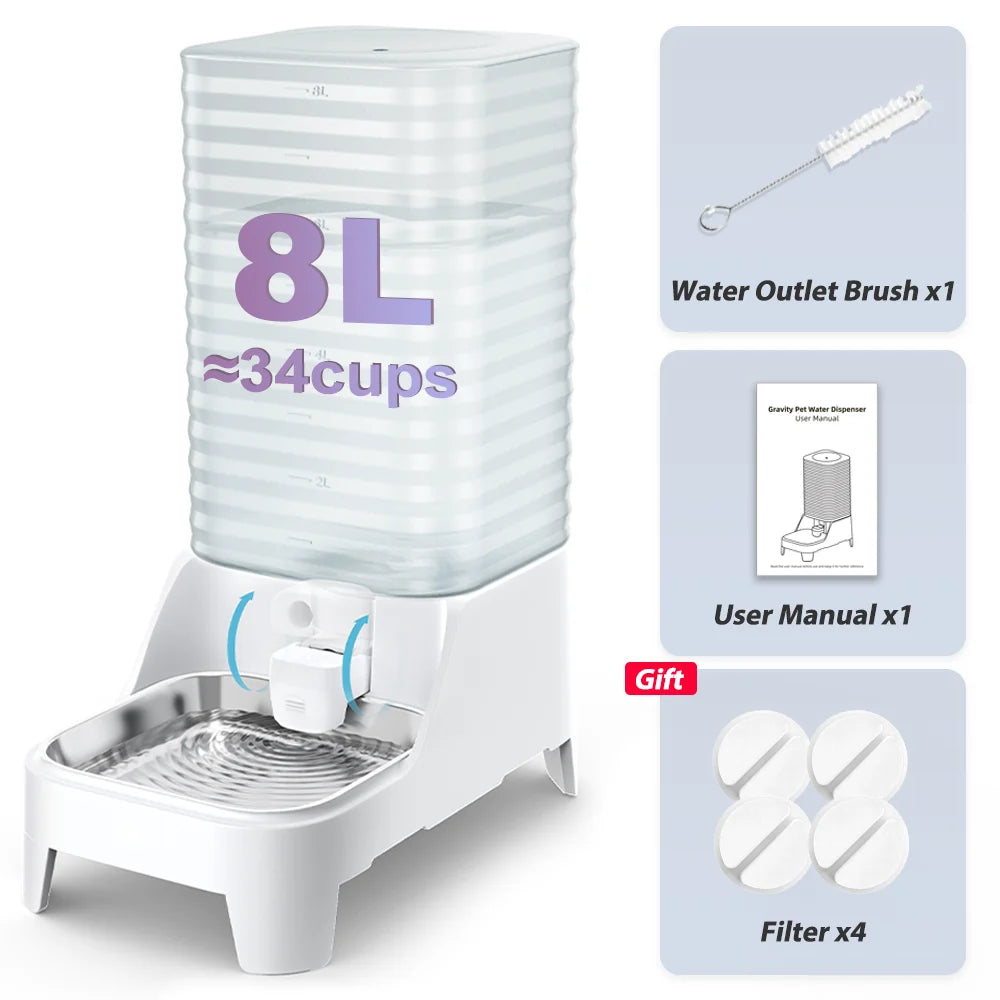 Furpipi 8L Automatic Dog Water Bowl Dispenser Elevating Stainless Steel Pet Waterer with Patented Faucet for Cats And Dogs