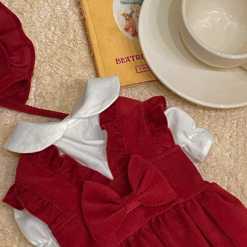 Red Bowknot Dog Puppy Dress For Small Medium Big Dogs Cats Skirt Outfit Hair Clip Set Winter Christmas Dogs Clothes Pet Apparel