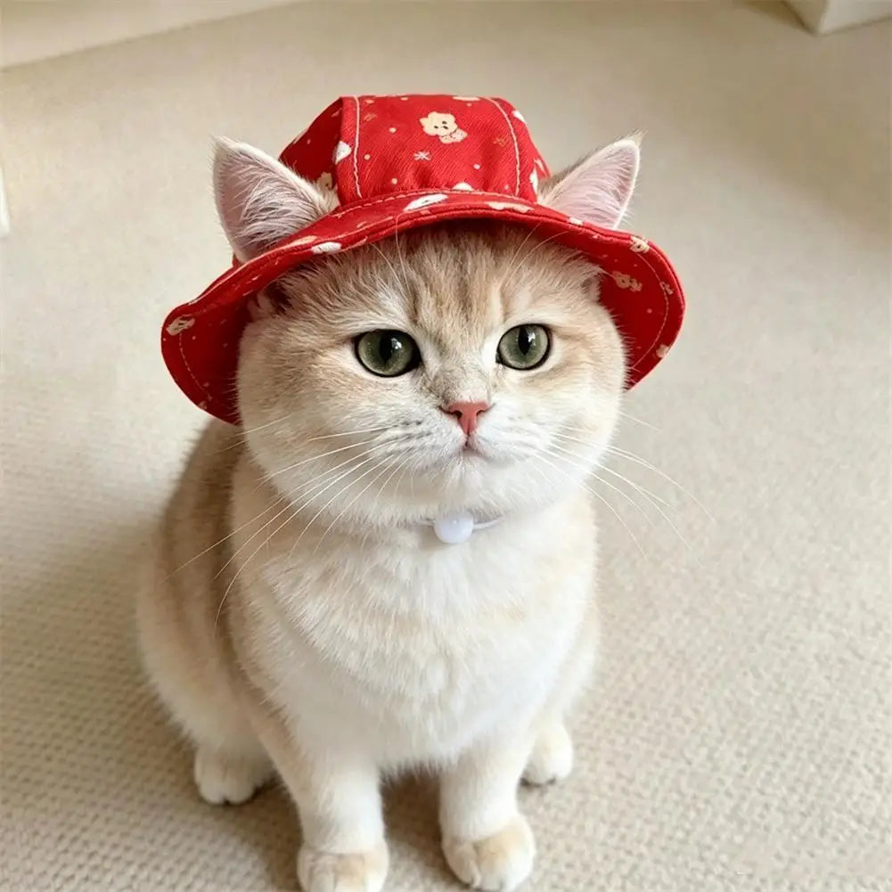 Cute Cartoon Print Pet Sun Hat Outdoor UV Protection Bucket Hat For Small Cats Puppy Dogs Adjustable Drawstring Hat Pet Supplies