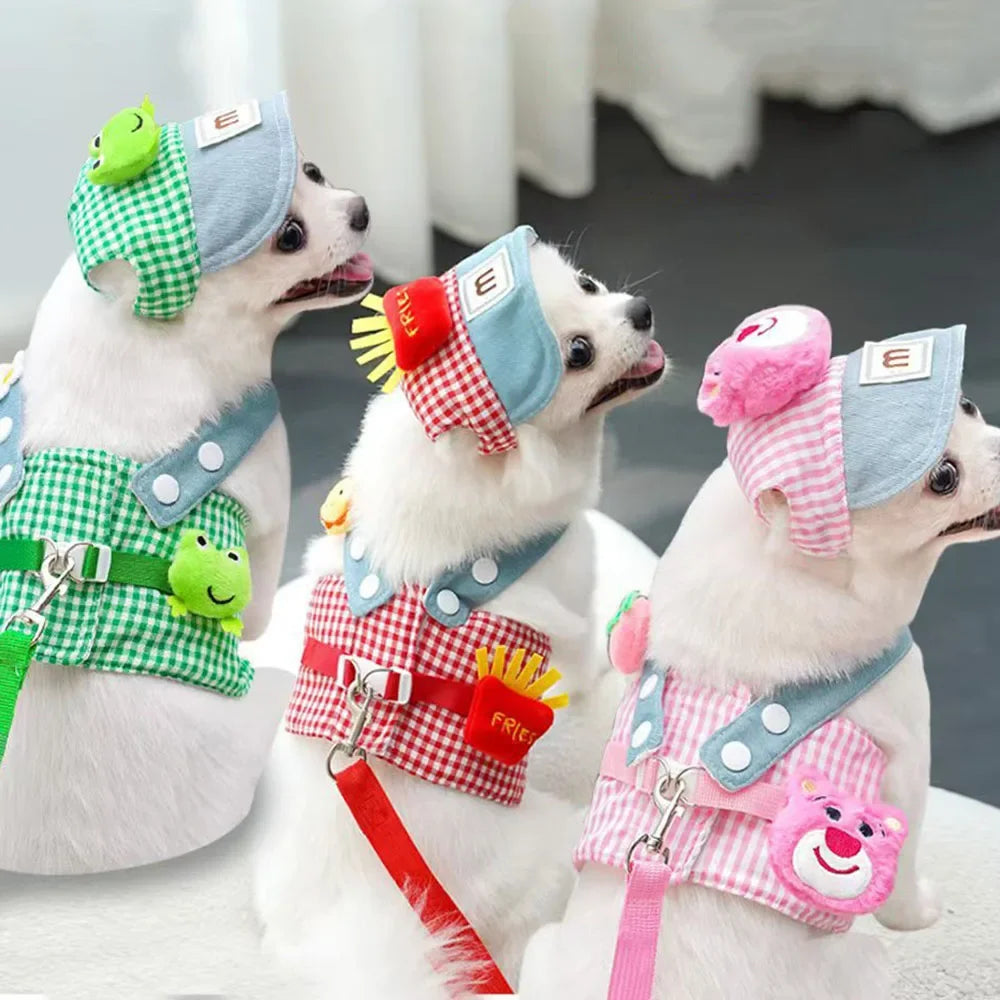 Cartoon Pet Harness Leash Sun Hat Set Cute Kitten Puppy Costume Cat Small Dogs Vest Harness Rope Cap 3pcs Outdoor Pet Supplies