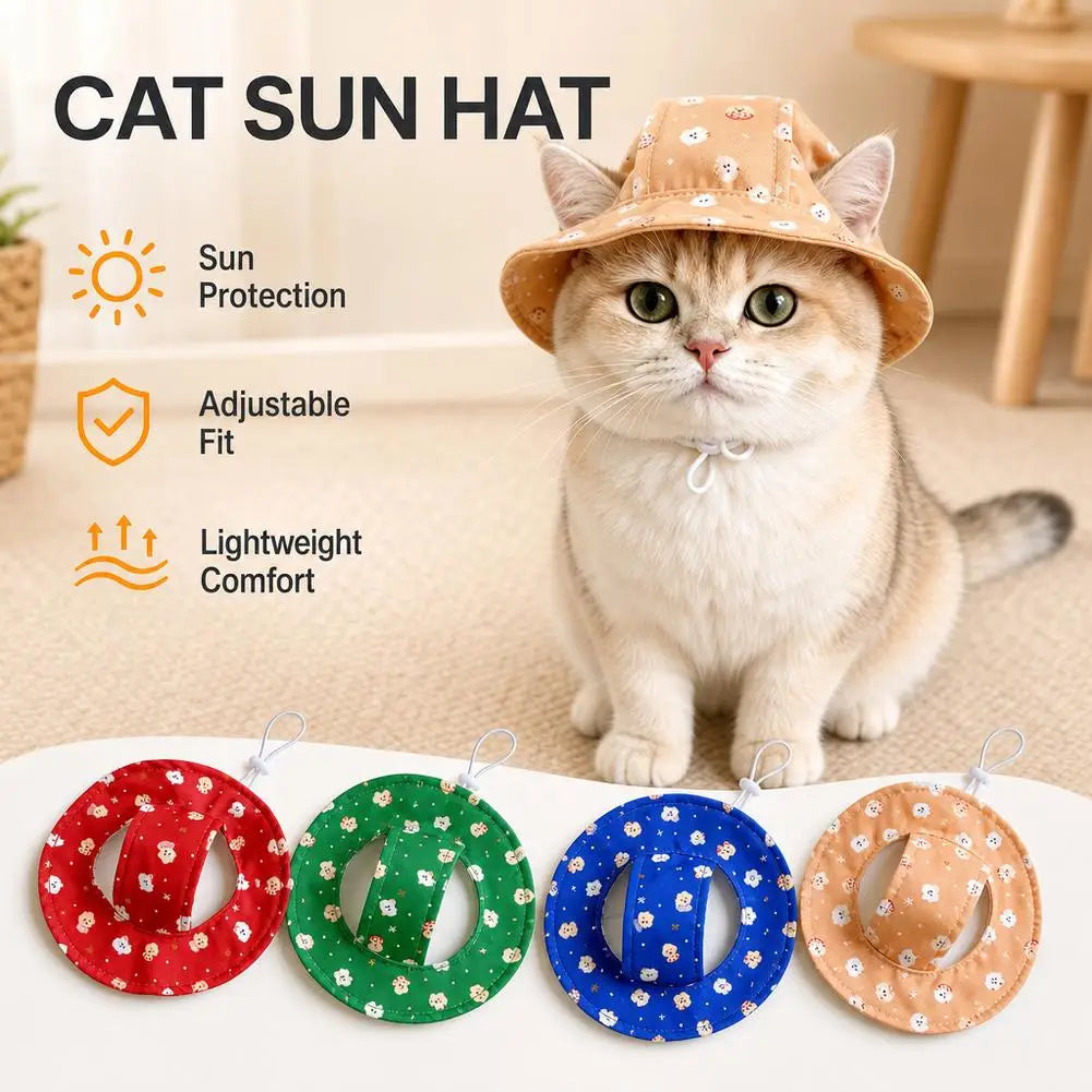 Cute Cartoon Print Pet Sun Hat Outdoor UV Protection Bucket Hat For Small Cats Puppy Dogs Adjustable Drawstring Hat Pet Supplies