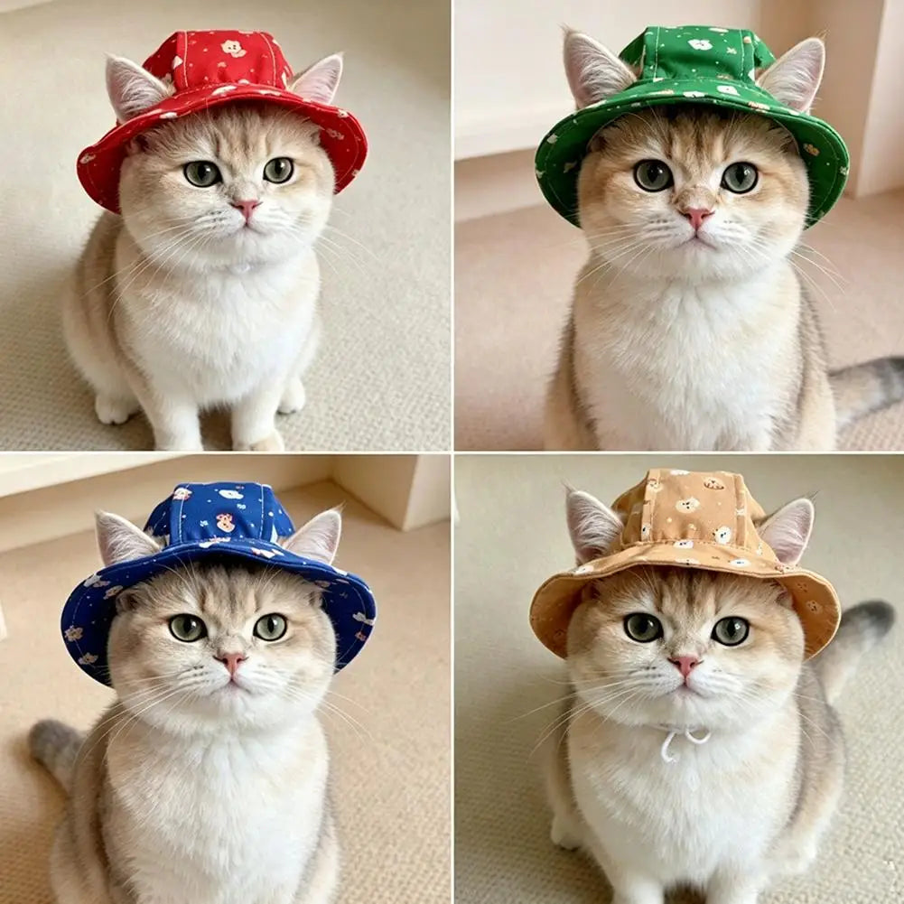 Cute Cartoon Print Pet Sun Hat Outdoor UV Protection Bucket Hat For Small Cats Puppy Dogs Adjustable Drawstring Hat Pet Supplies