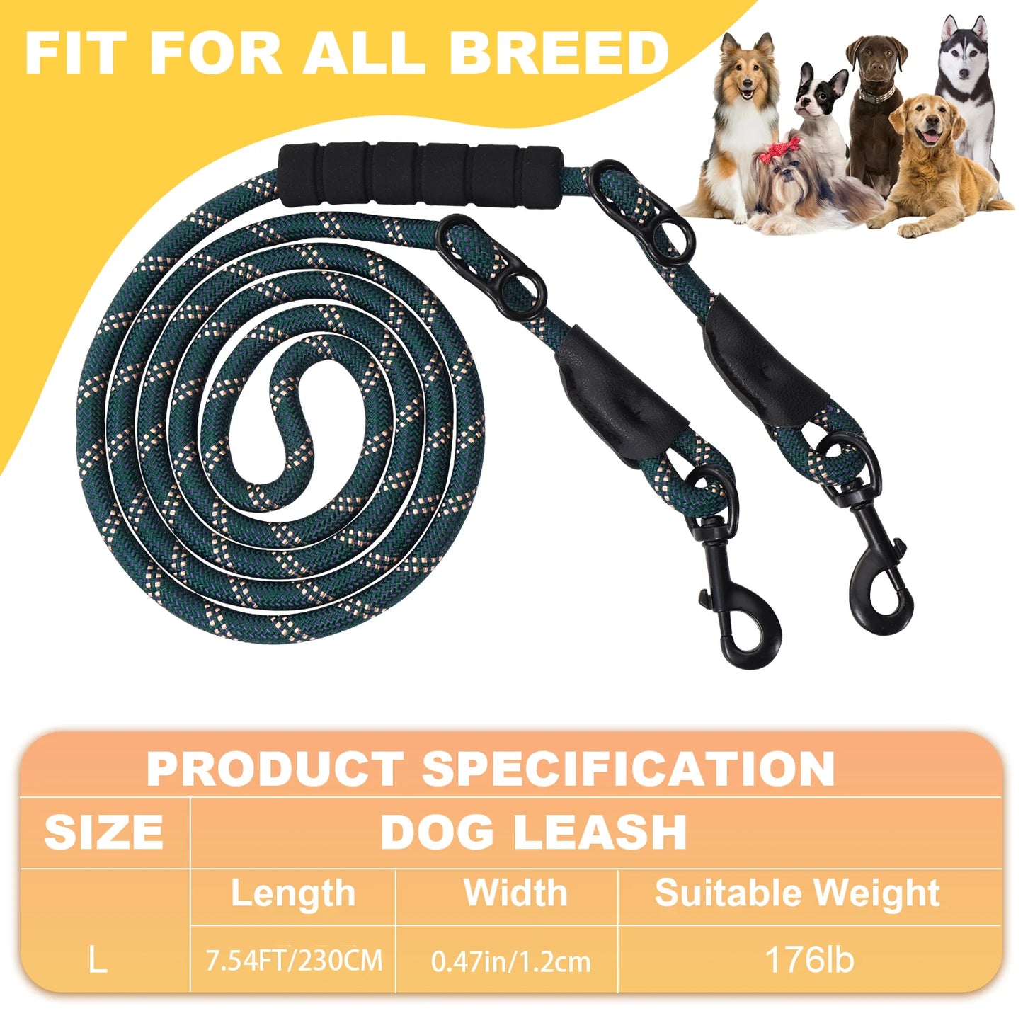 Versatile Heavy Duty Dog Leash with Padded Handle, Easy Converted to Double Leashes, 7.5 FT, Hands Free, Cross-Body or Waist Lea