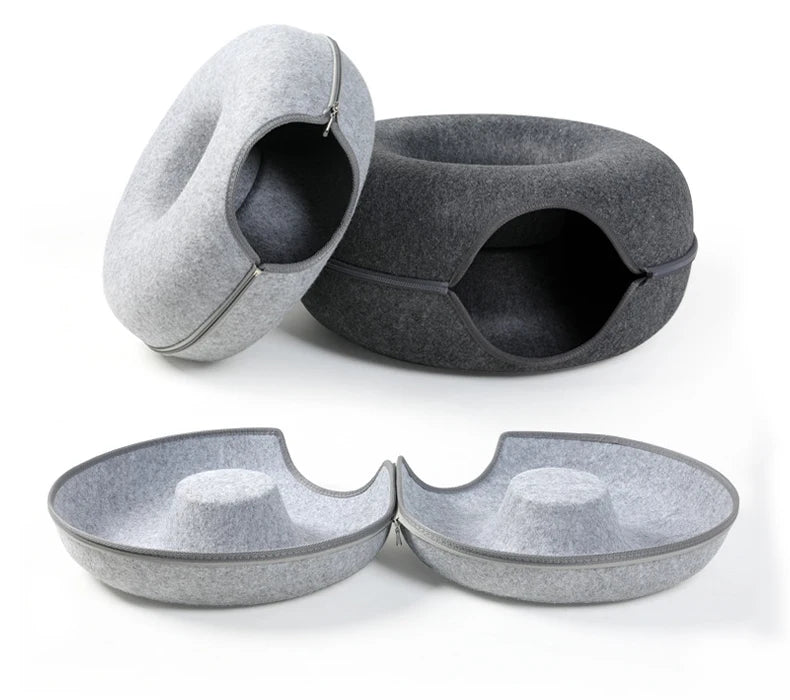 Donut Cat Tunnel Bed Pets House Natural Felt Pet Cat Cave Interactive Toys Round Wool Felt Pet Bed Cat Training Toy Cat House