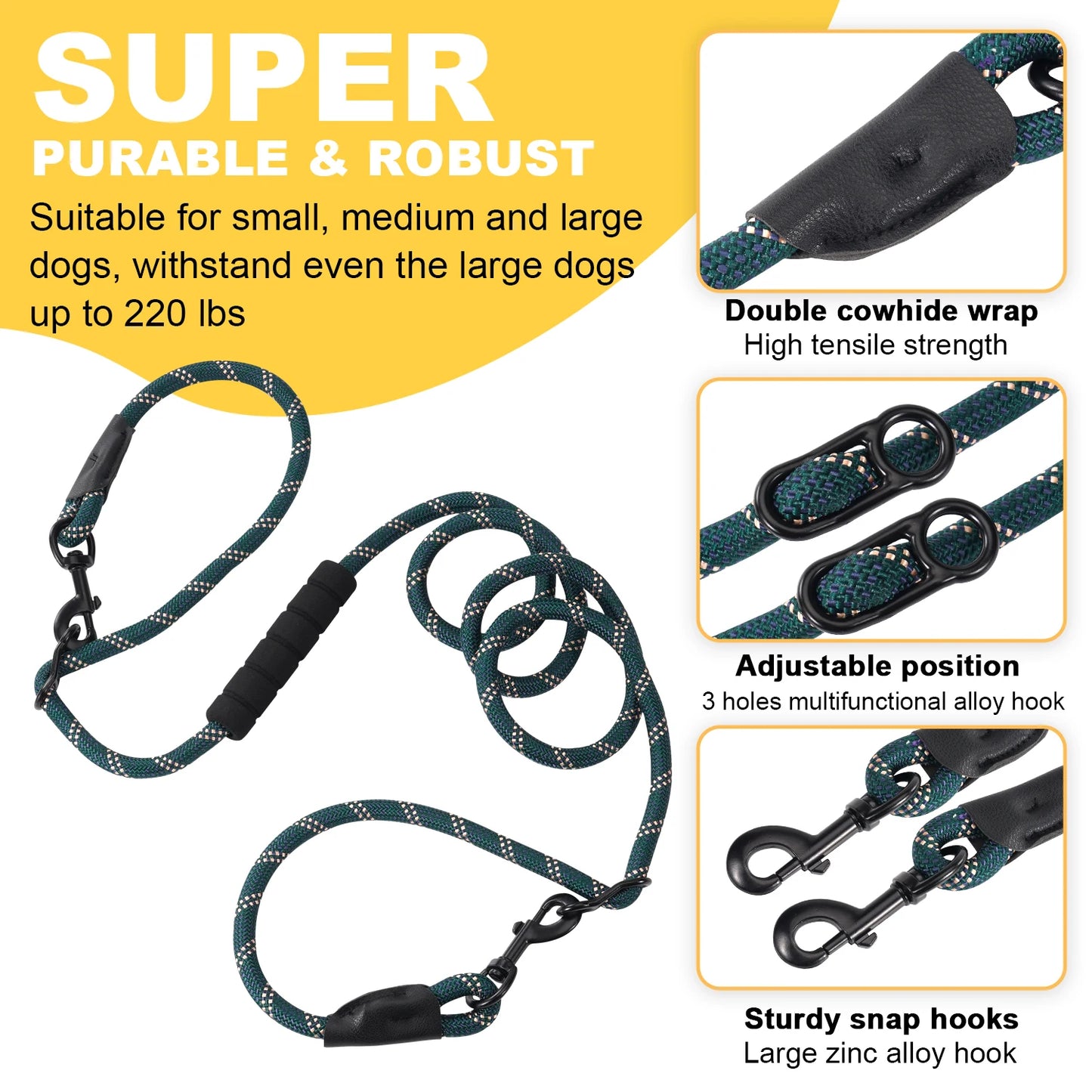 Versatile Heavy Duty Dog Leash with Padded Handle, Easy Converted to Double Leashes, 7.5 FT, Hands Free, Cross-Body or Waist Lea