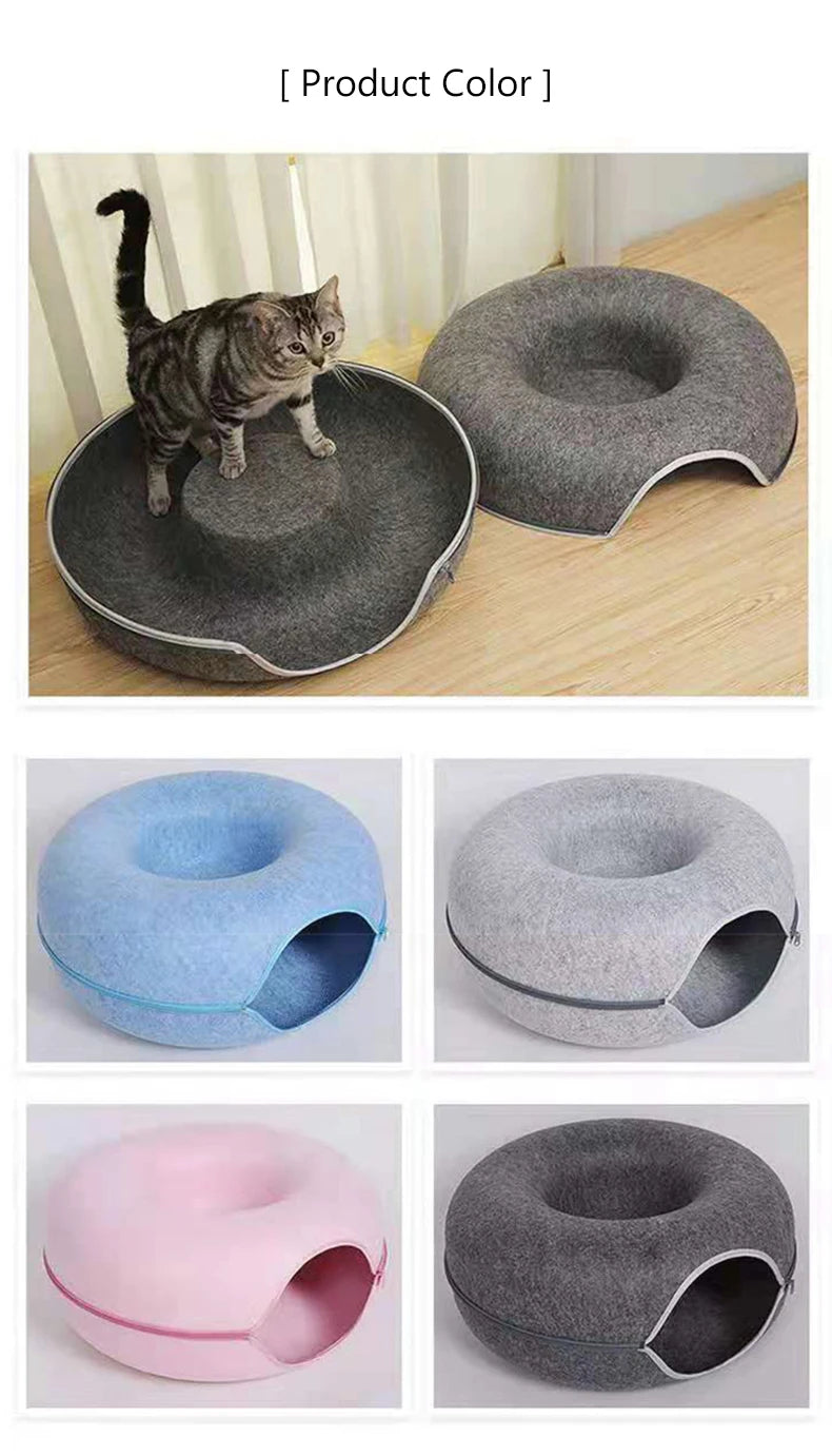 Donut Cat Tunnel Bed Pets House Natural Felt Pet Cat Cave Interactive Toys Round Wool Felt Pet Bed Cat Training Toy Cat House
