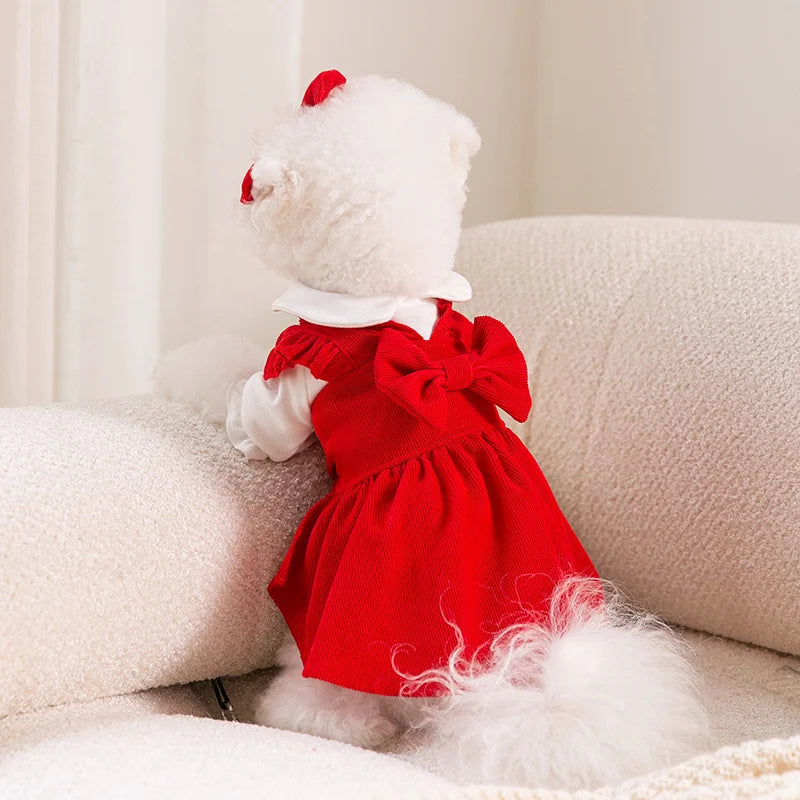Red Bowknot Dog Puppy Dress For Small Medium Big Dogs Cats Skirt Outfit Hair Clip Set Winter Christmas Dogs Clothes Pet Apparel