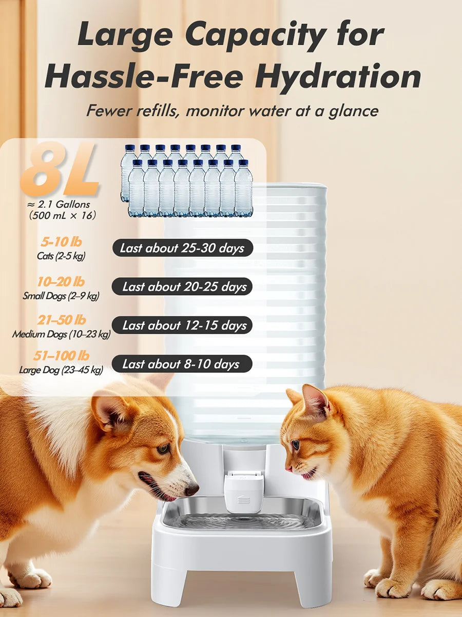 Furpipi 8L Automatic Dog Water Bowl Dispenser Elevating Stainless Steel Pet Waterer with Patented Faucet for Cats And Dogs