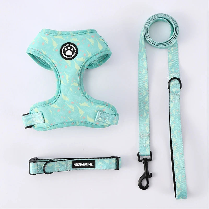 Adjustable Dog Harness And Leash Set Soft Chest Vest With Press Buckle Cute Print Comfortable Pet Harness Collar Lead For Dogs