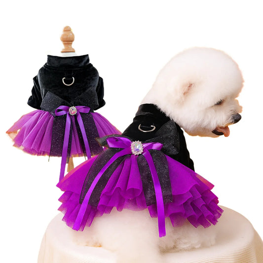 2025 Halloween Pet Costumes – Witch Bride Dress with Pumpkin & Skull Design for Dogs & Cats  – Elegant Lace Dress Gothic Pirate
