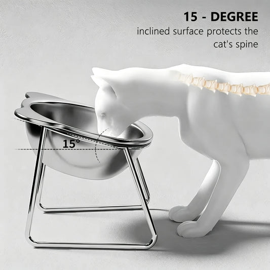 ‌304 Stainless Steel Raised Cat Bowl with 15° Elevated Design Tilted Neck Guard Healthy Feeding Shatterproof for Cats Puppies