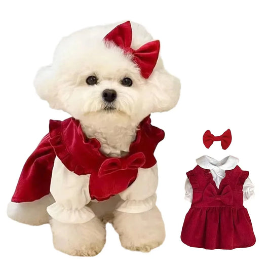 Red Bowknot Dog Puppy Dress For Small Medium Big Dogs Cats Skirt Outfit Hair Clip Set Winter Christmas Dogs Clothes Pet Apparel