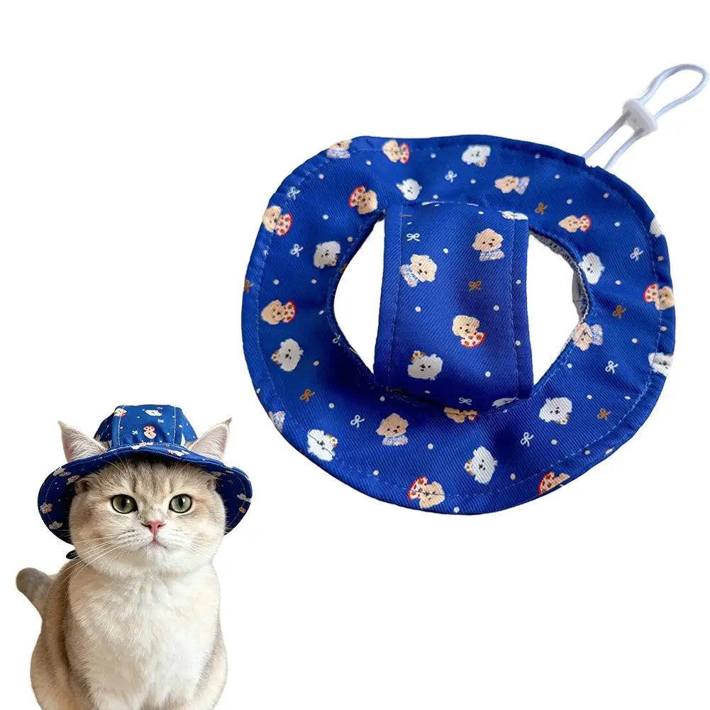 Cute Cartoon Print Pet Sun Hat Outdoor UV Protection Bucket Hat For Small Cats Puppy Dogs Adjustable Drawstring Hat Pet Supplies